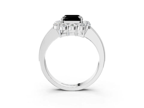 White gold Fancy Black Asscher Cut Cut Halo Diamond Pavé Engagement Ring with Milgrain Detailing_15