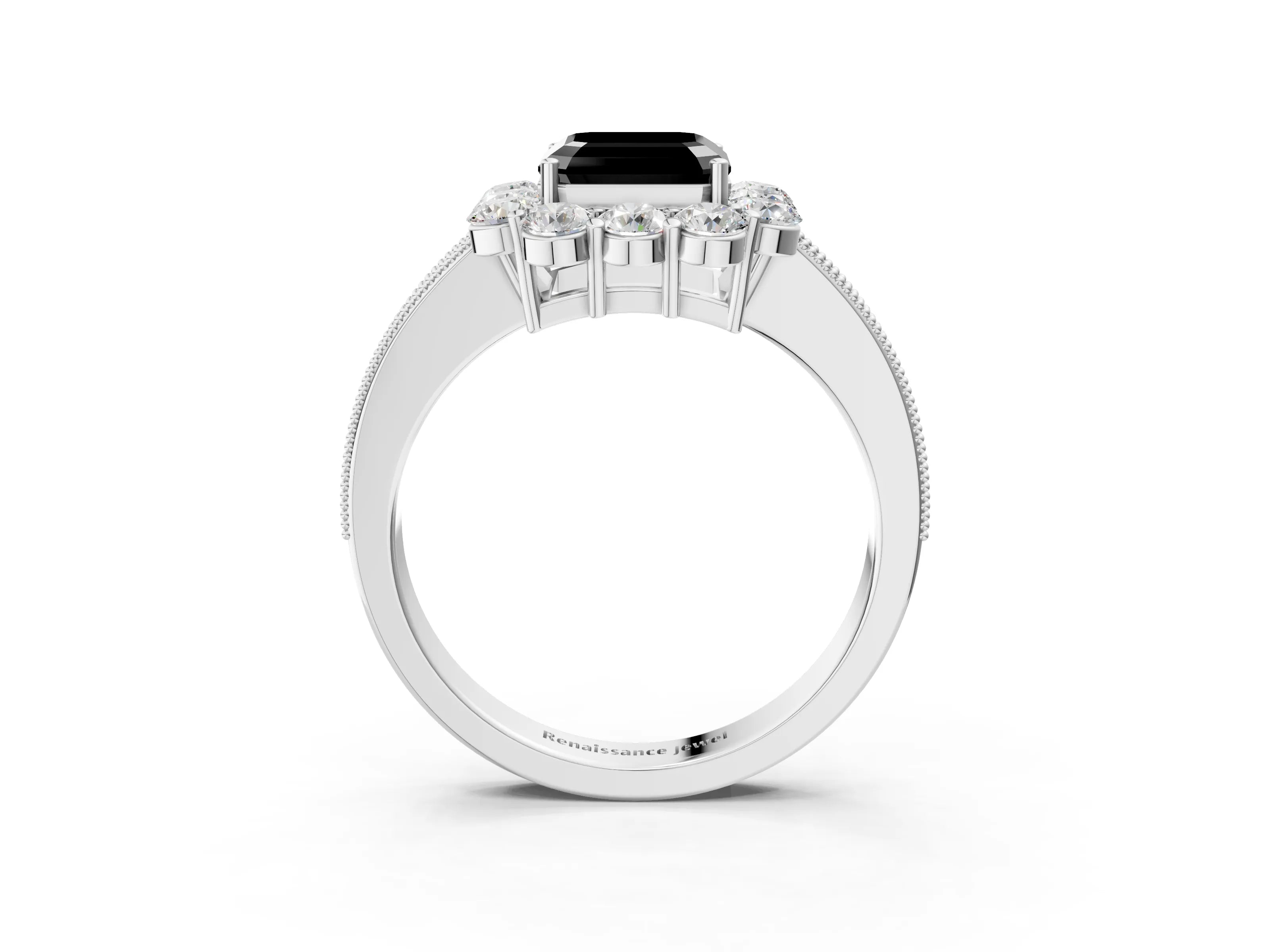 White gold Fancy Black Asscher Cut Cut Halo Diamond Pavé Engagement Ring with Milgrain Detailing_3