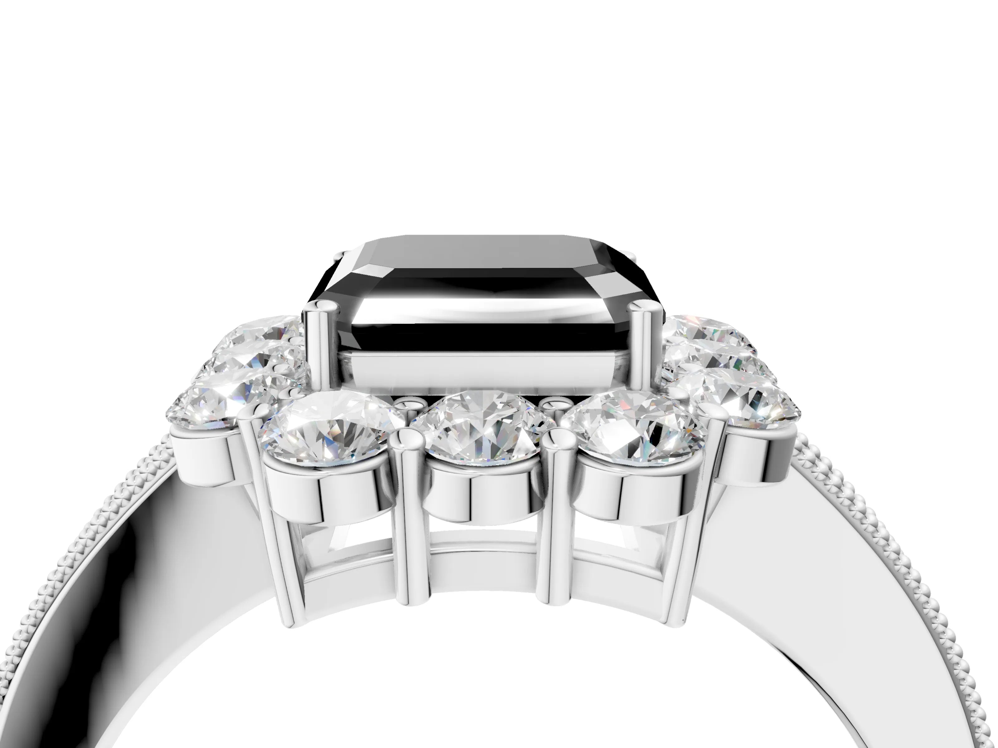 White gold Fancy Black Asscher Cut Cut Halo Diamond Pavé Engagement Ring with Milgrain Detailing_4