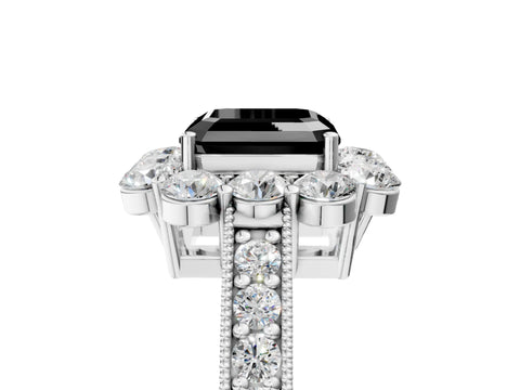 White gold Fancy Black Asscher Cut Cut Halo Diamond Pavé Engagement Ring with Milgrain Detailing_5