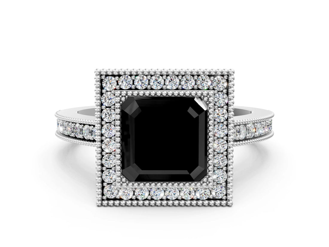 White gold Fancy Black Asscher Cut Cut Halo Pavé Diamond Ring