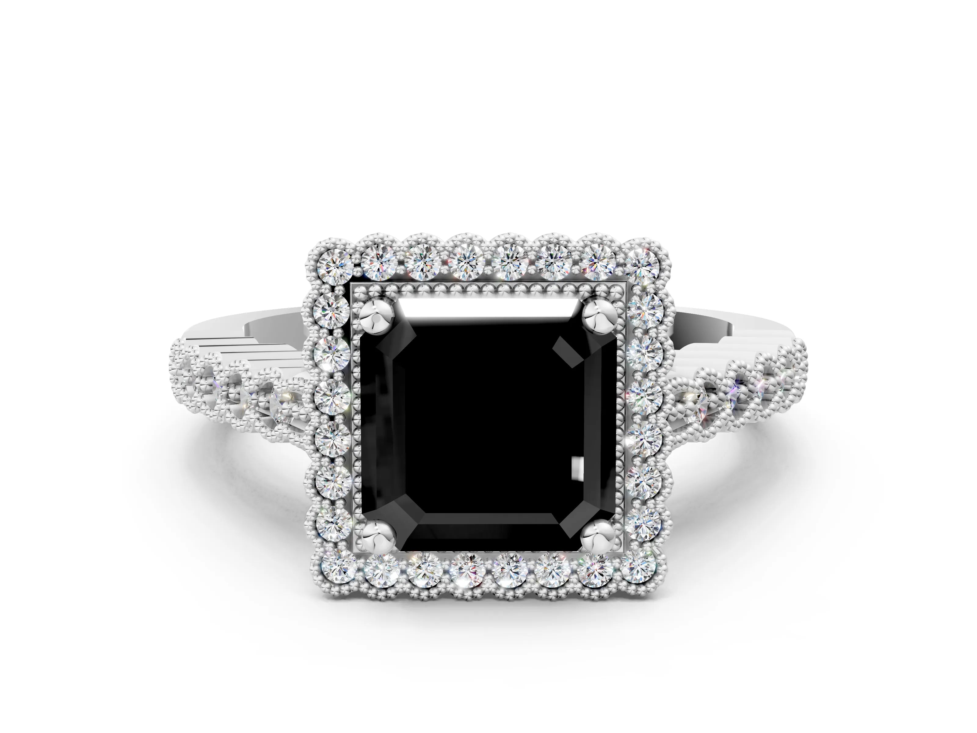 White gold Fancy Black Asscher Cut Cut Halo Pavé Solitaire Ring with Milgrain Band_12