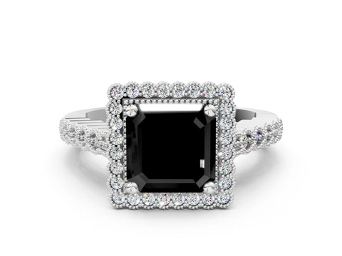 White gold Fancy Black Asscher Cut Cut Halo Pavé Solitaire Ring with Milgrain Band_12