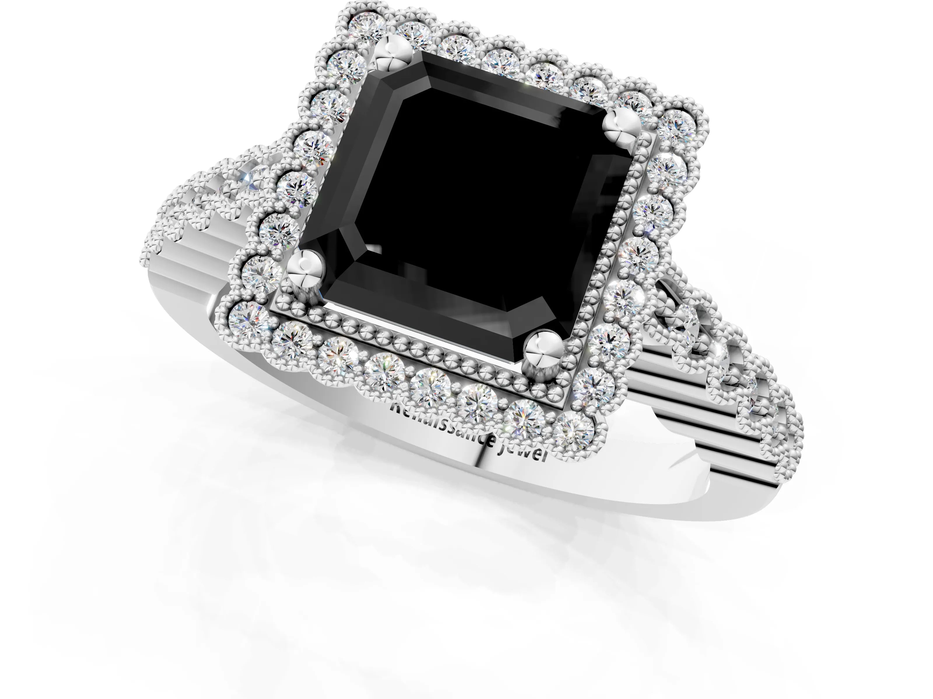 White gold Fancy Black Asscher Cut Cut Halo Pavé Solitaire Ring with Milgrain Band_13