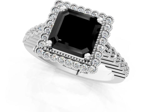 White gold Fancy Black Asscher Cut Cut Halo Pavé Solitaire Ring with Milgrain Band_13