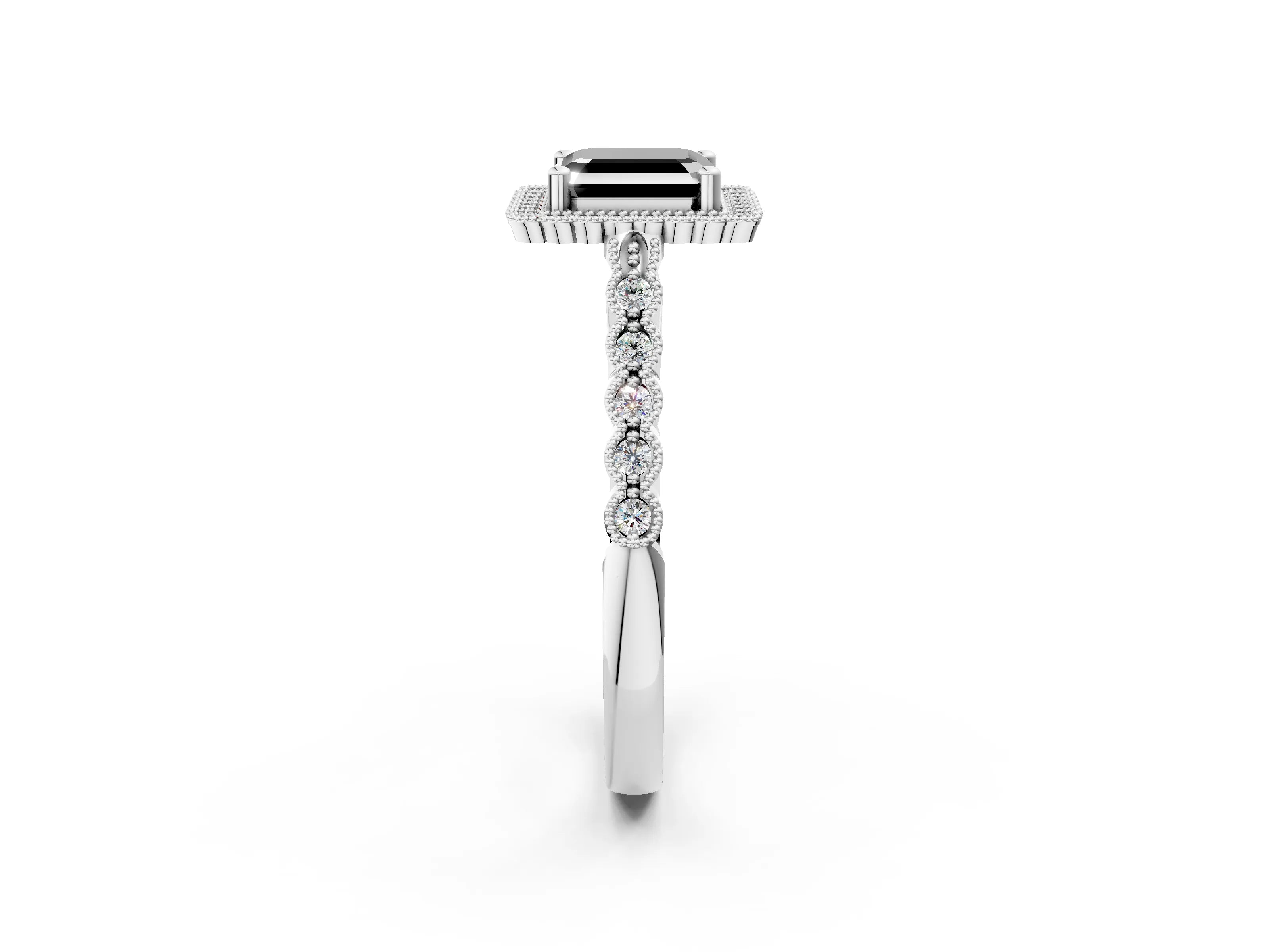 White gold Fancy Black Asscher Cut Cut Halo Pavé Solitaire Ring with Milgrain Band_14