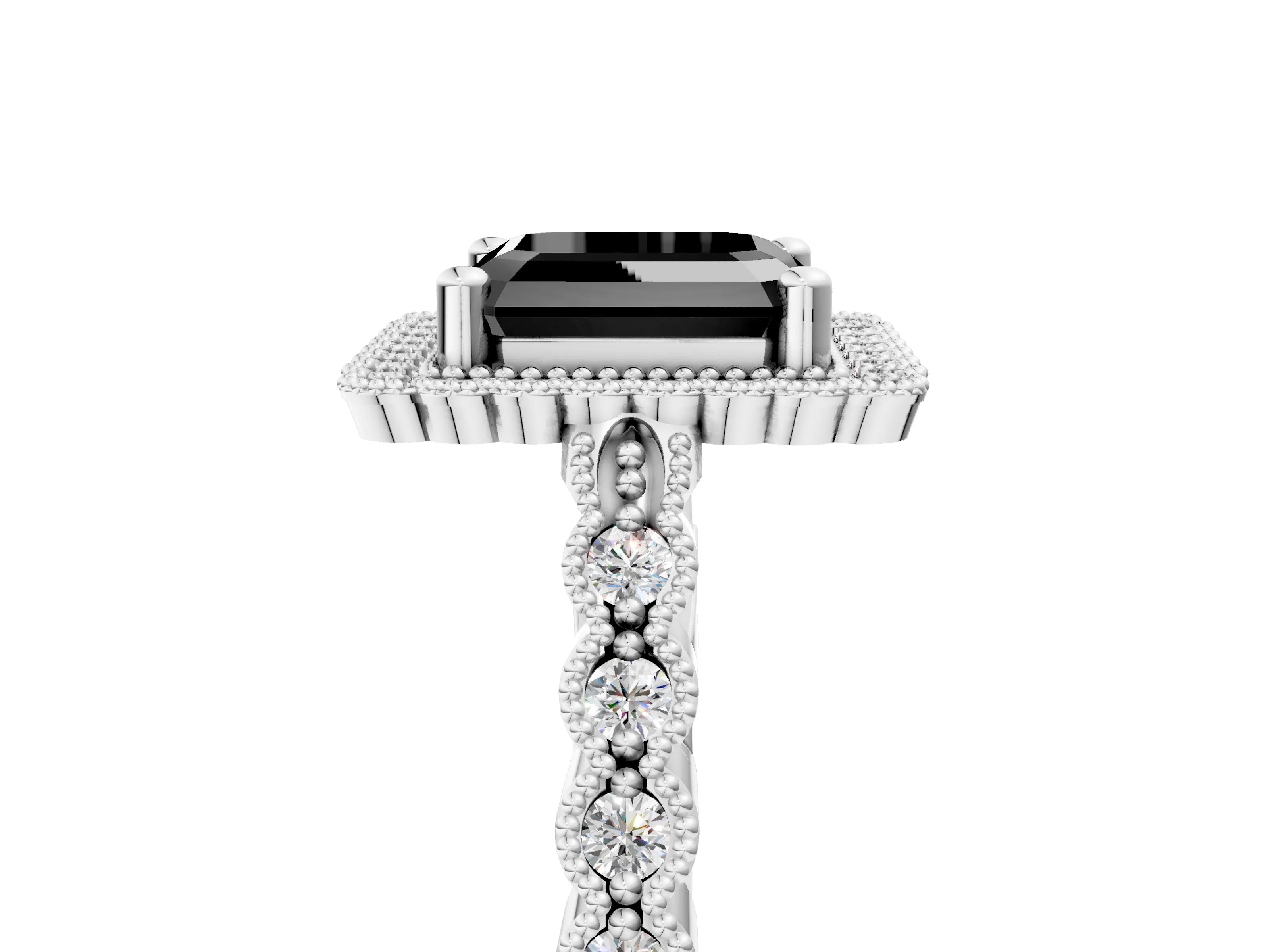 White gold Fancy Black Asscher Cut Cut Halo Pavé Solitaire Ring with Milgrain Band_17