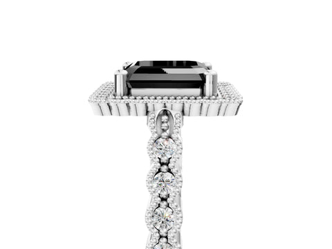 White gold Fancy Black Asscher Cut Cut Halo Pavé Solitaire Ring with Milgrain Band_5