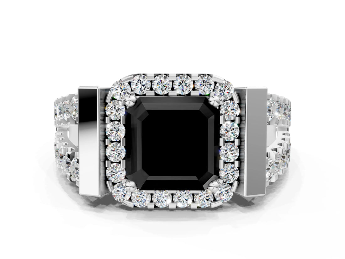 White gold Fancy Black Asscher Cut Cut Halo Split Shank Prong Set Ring