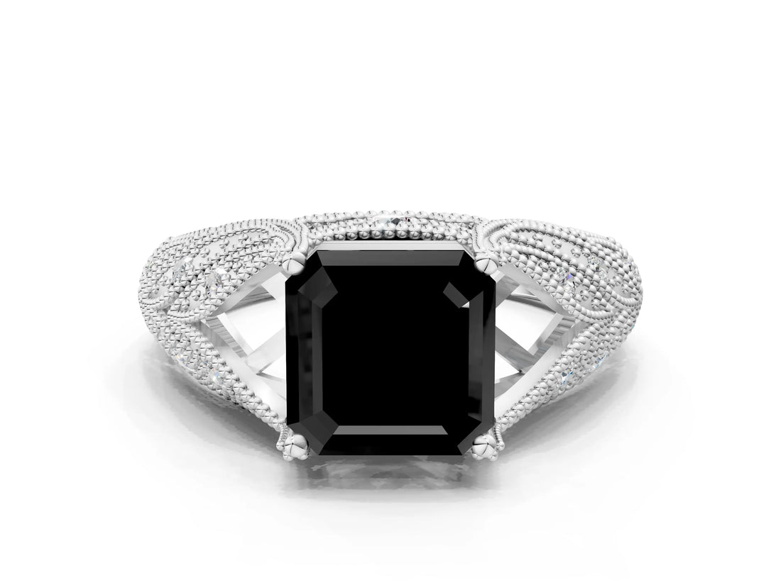 White gold Fancy Black Asscher Cut Cut Milgrain Pave Diamond Engagement Ring with Four-Prong Setting_15