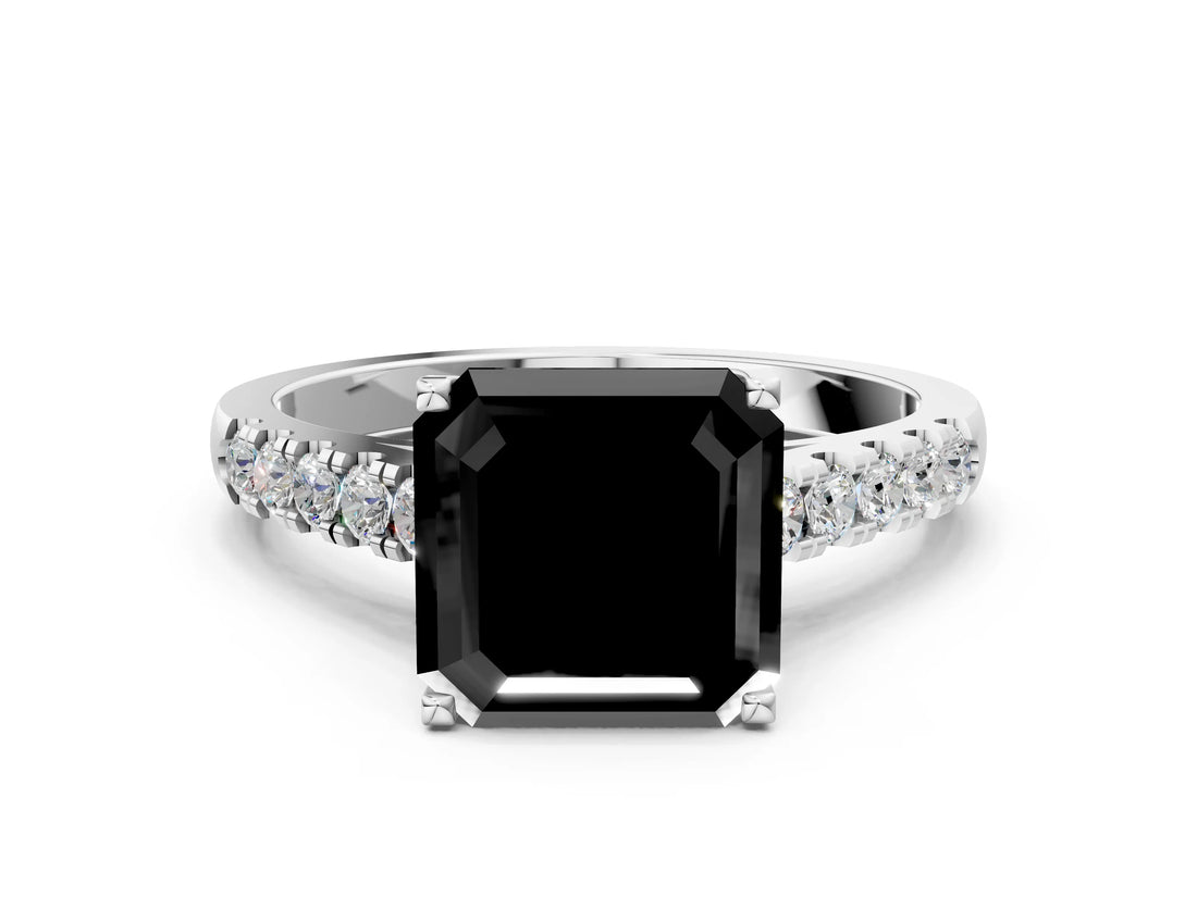 White gold Fancy Black Asscher Cut Cut Pavé Band Solitaire Ring with Four-Prong Setting