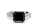 White gold Fancy Black Asscher Cut Cut Pavé Band Solitaire Ring with Four-Prong Setting