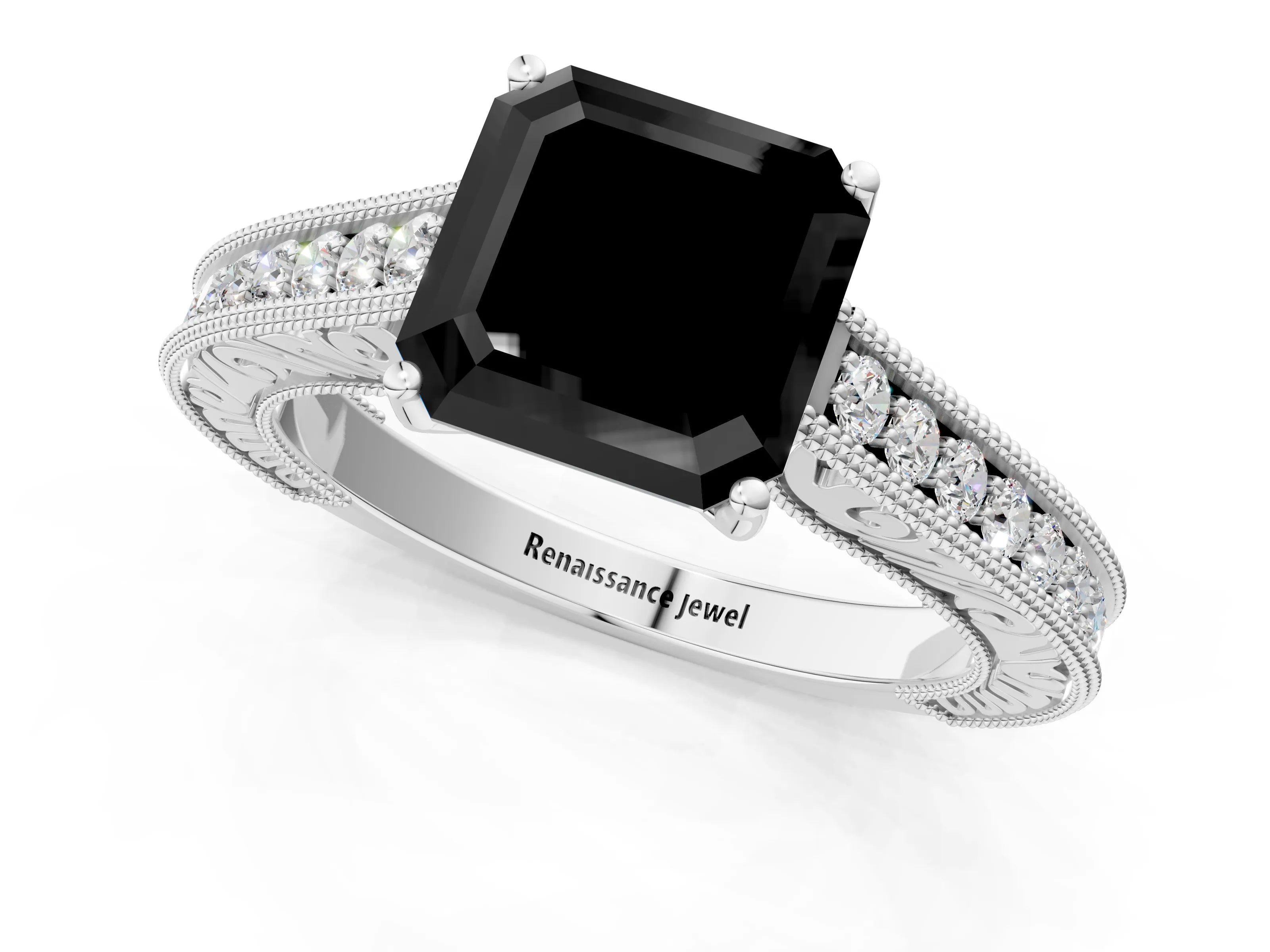 White gold Fancy Black Asscher Cut Cut Pave Band Milgrain Solitaire Ring_1