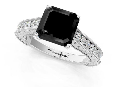 White gold Fancy Black Asscher Cut Cut Pave Band Milgrain Solitaire Ring_1