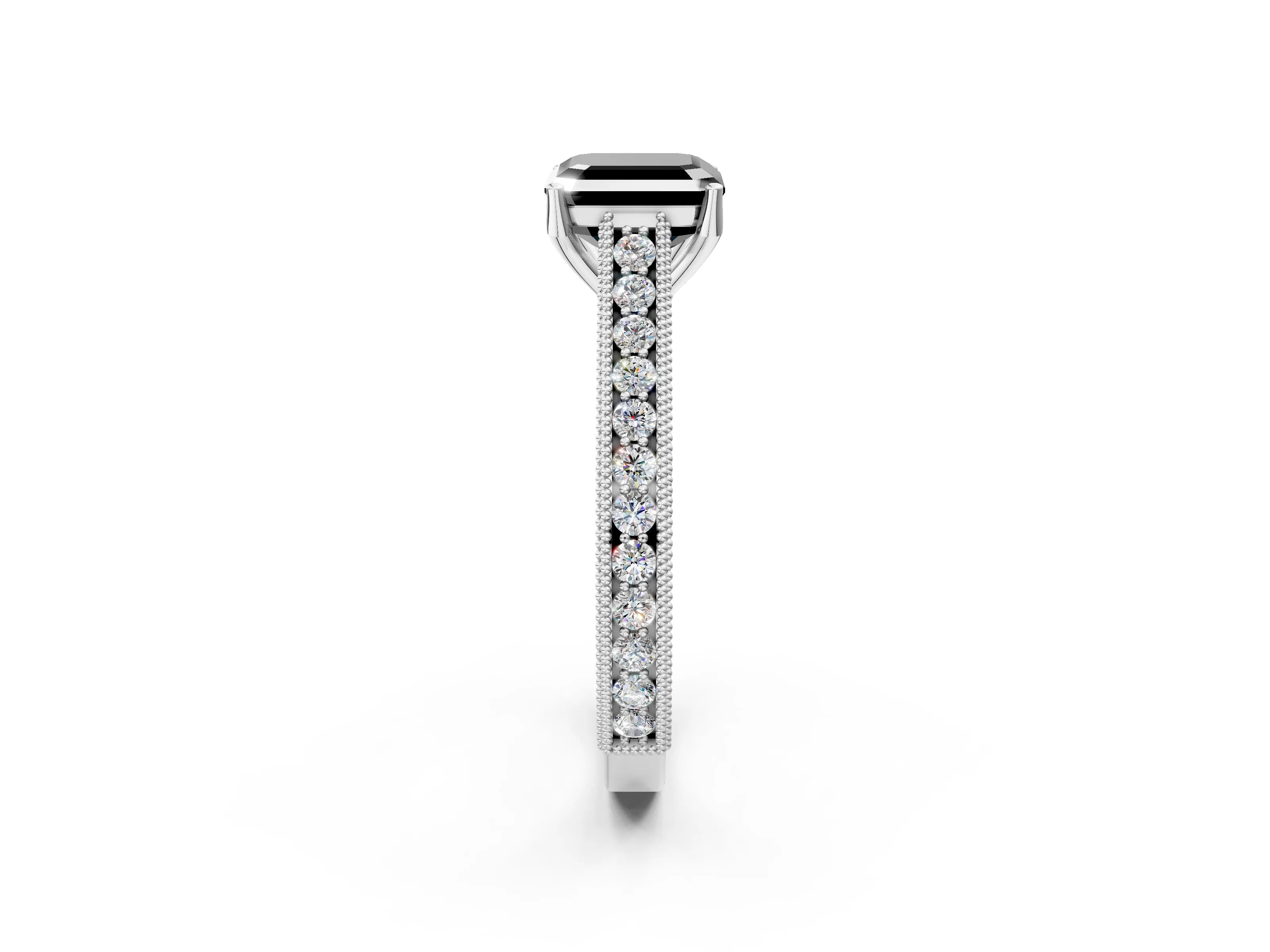 White gold Fancy Black Asscher Cut Cut Pave Band Milgrain Solitaire Ring_2
