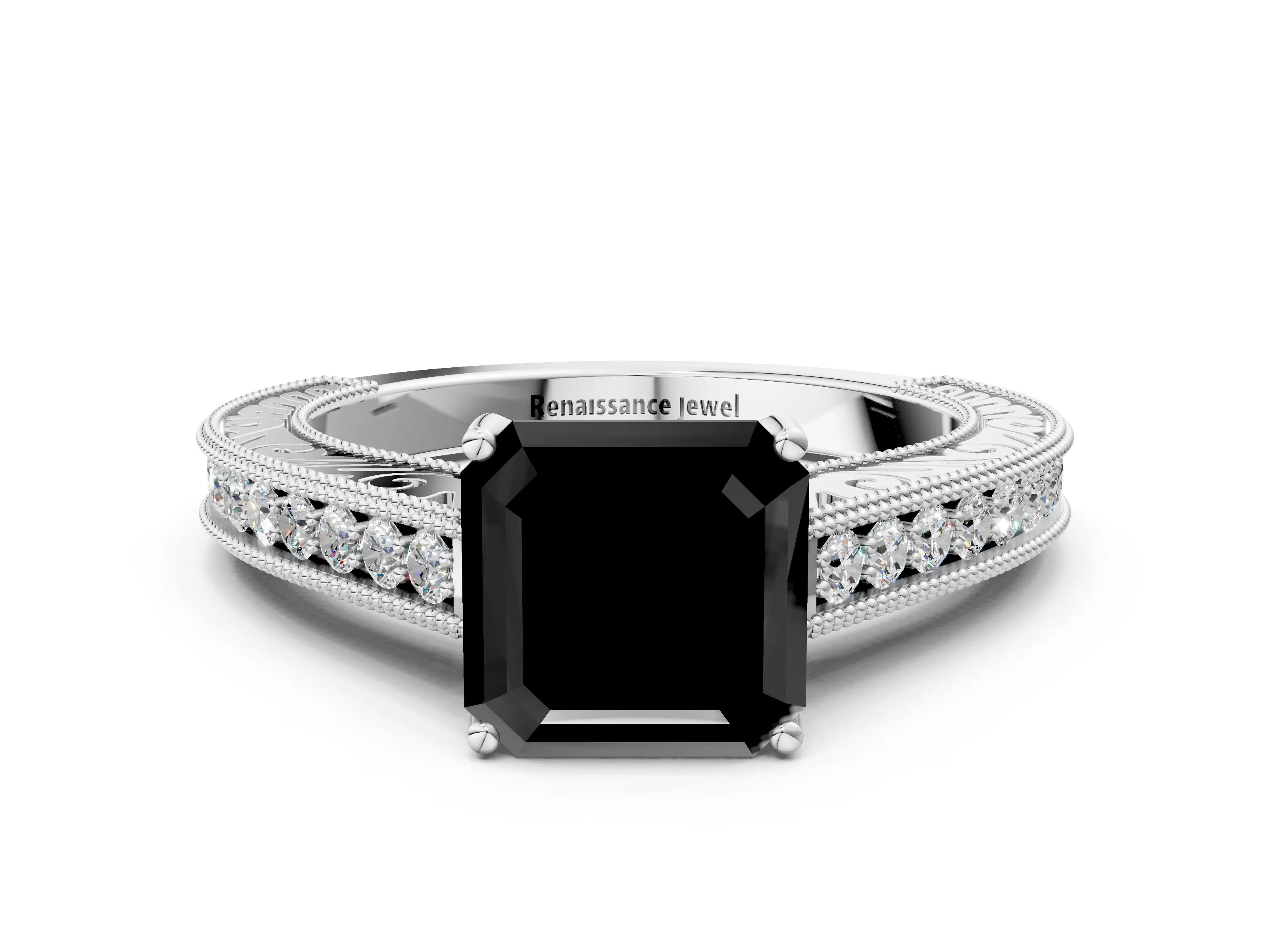 White gold Fancy Black Asscher Cut Cut Pave Band Milgrain Solitaire Ring