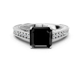 White gold Fancy Black Asscher Cut Cut Pave Band Milgrain Solitaire Ring