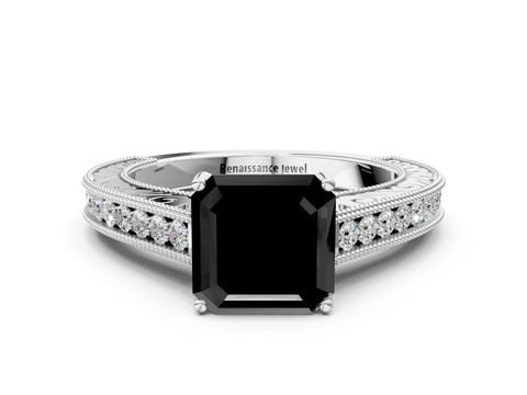 White gold Fancy Black Asscher Cut Cut Pave Band Milgrain Solitaire Ring