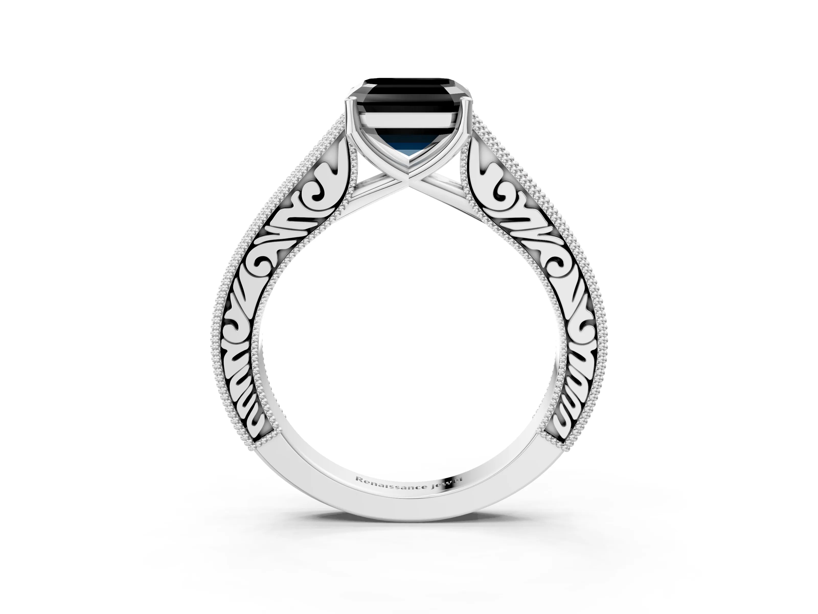 White gold Fancy Black Asscher Cut Cut Pave Band Milgrain Solitaire Ring_3
