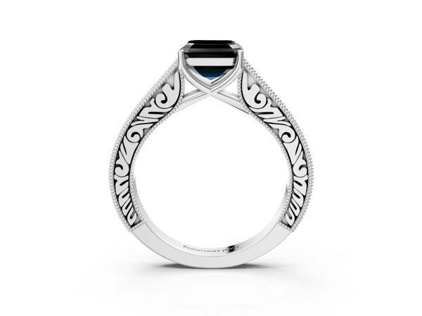 White Gold Asscher Cut Vintage Pave Engagement Ring Setting for Black Center