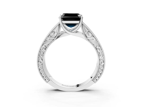 Platinum Asscher Cut Vintage Engraved Solitaire Engagement Ring Setting for Black Center
