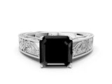 White gold Fancy Black Asscher Cut Cut Solitaire Engraved Band with Four-Prong Setting
