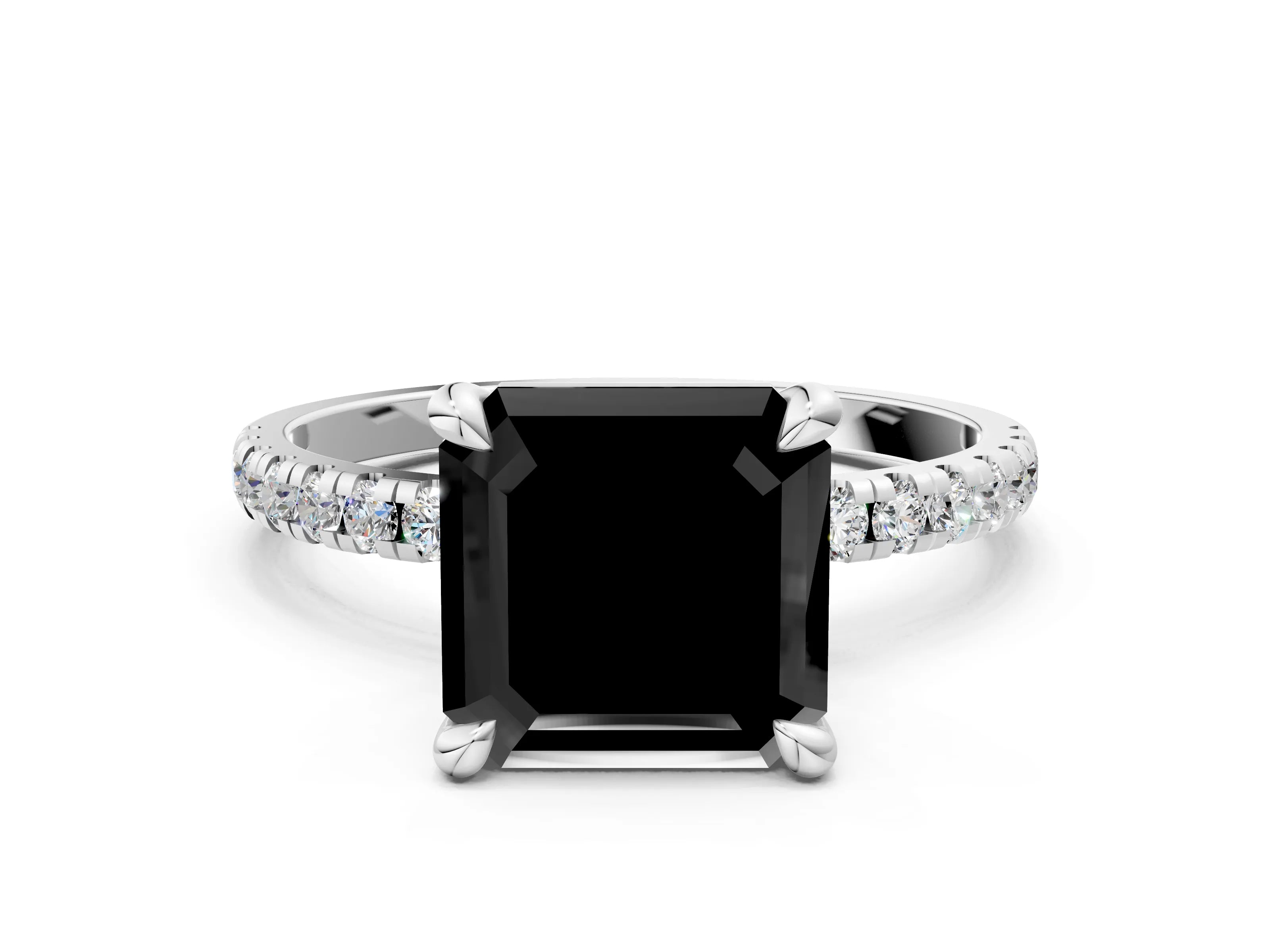White gold Fancy Black Asscher Cut Diamond Brilliant Solitaire Ring with Pavé Band and Four-Prong Setting