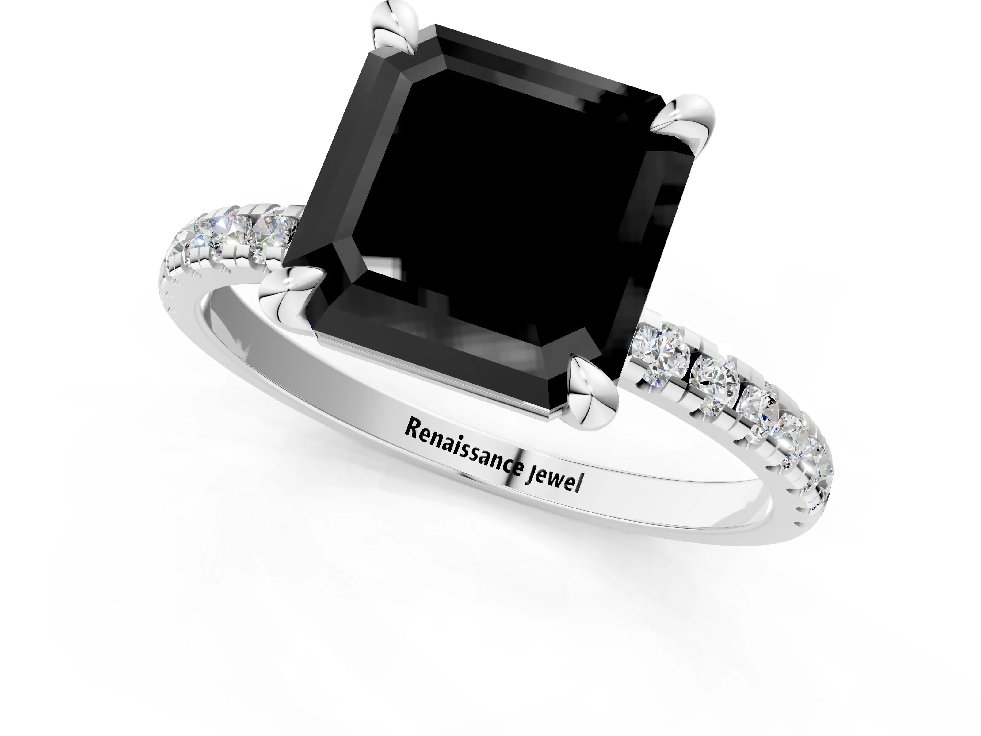 White gold Fancy Black Asscher Cut Diamond Brilliant Solitaire Ring with Pavé Band and Four-Prong Setting_1