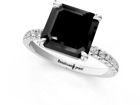 White gold Fancy Black Asscher Cut Diamond Brilliant Solitaire Ring with Pavé Band and Four-Prong Setting_1