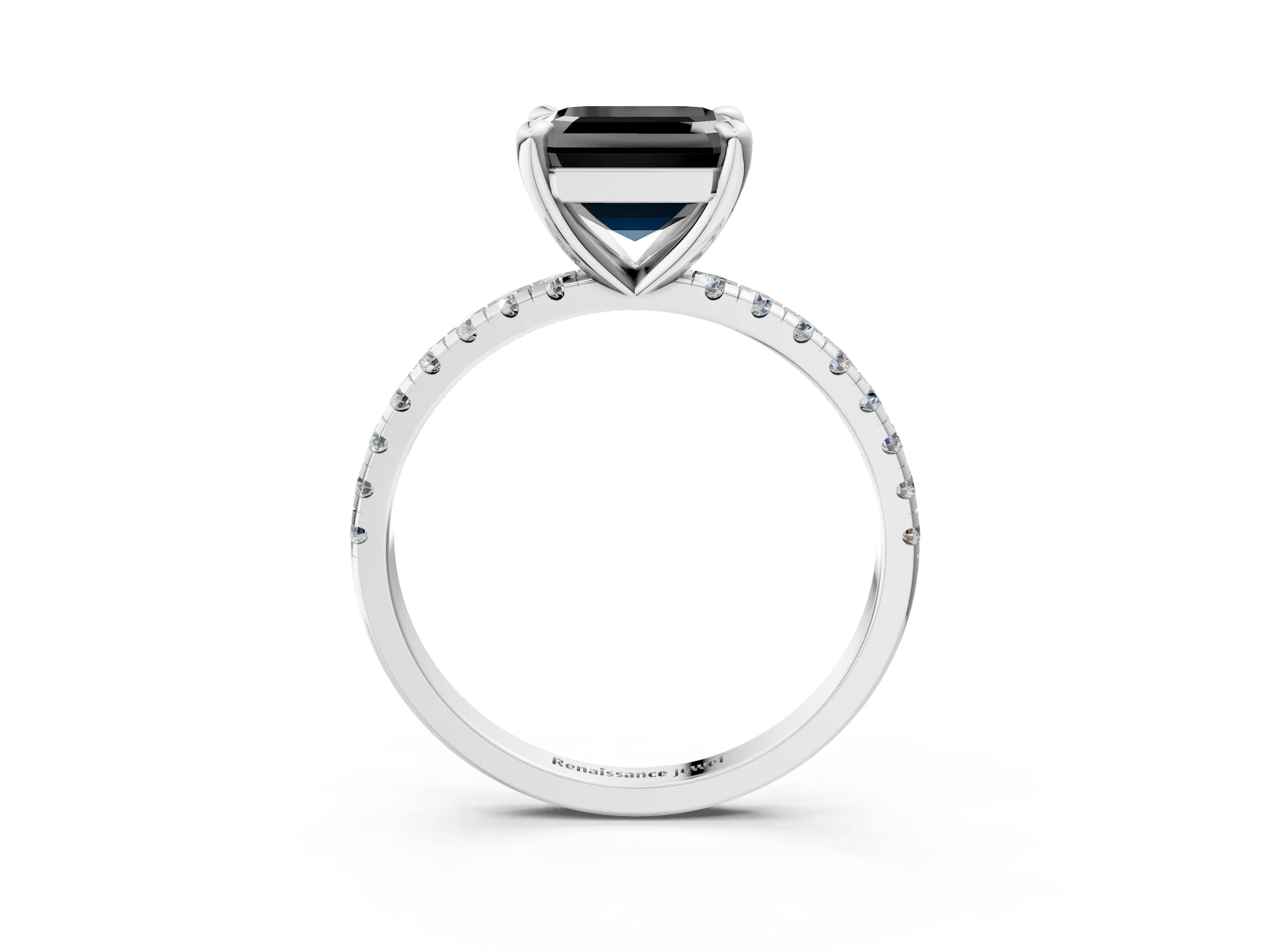 White gold Fancy Black Asscher Cut Diamond Brilliant Solitaire Ring with Pavé Band and Four-Prong Setting_3