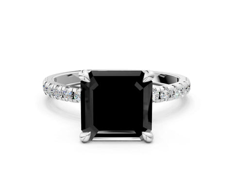 White gold Fancy Black Asscher Cut Diamond Brilliant Solitaire Ring with Pavé Band and Four-Prong Setting