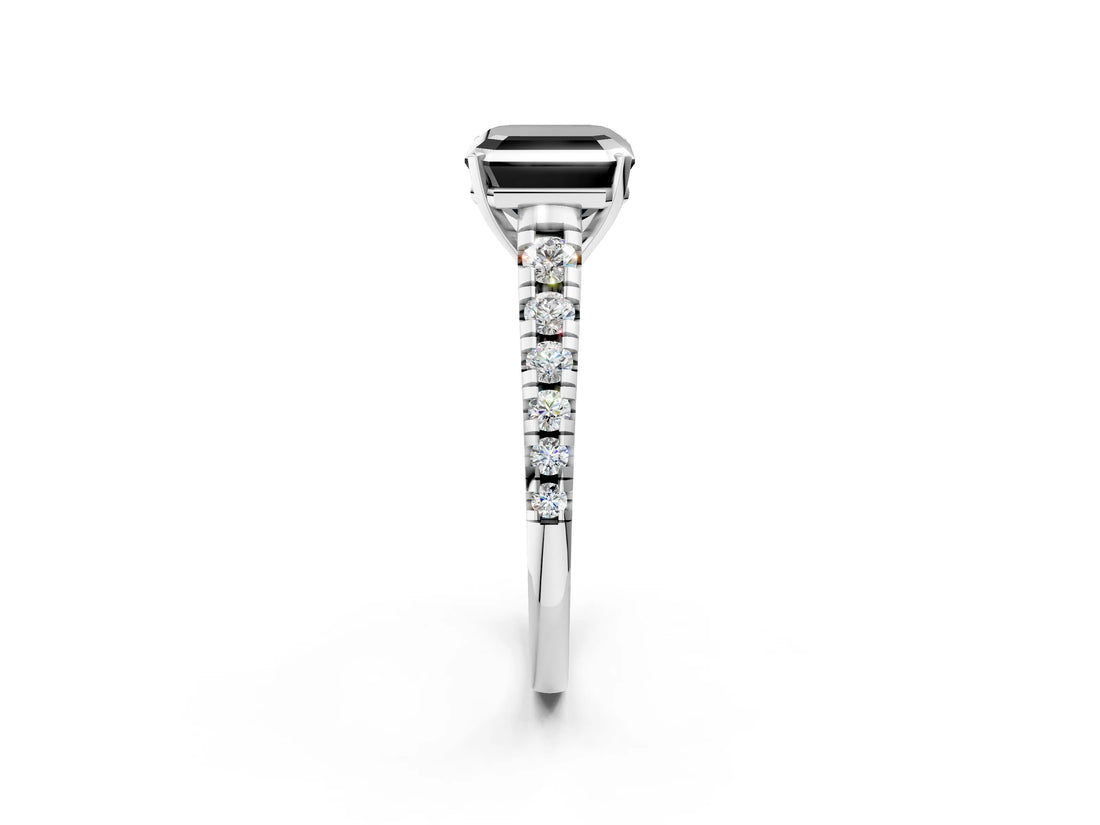 White gold Fancy Black Asscher Cut Diamond Cathedral Solitaire Ring with Round  Pavé Band_36