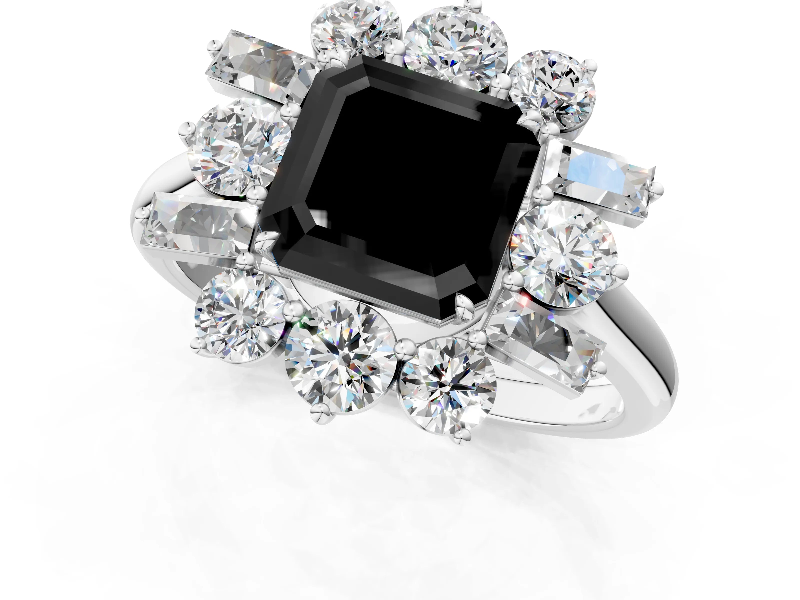 White gold Fancy Black Asscher Cut Diamond Cluster Ring with Round and Baguette Stones, Split Shank Band, Prong Setting_1