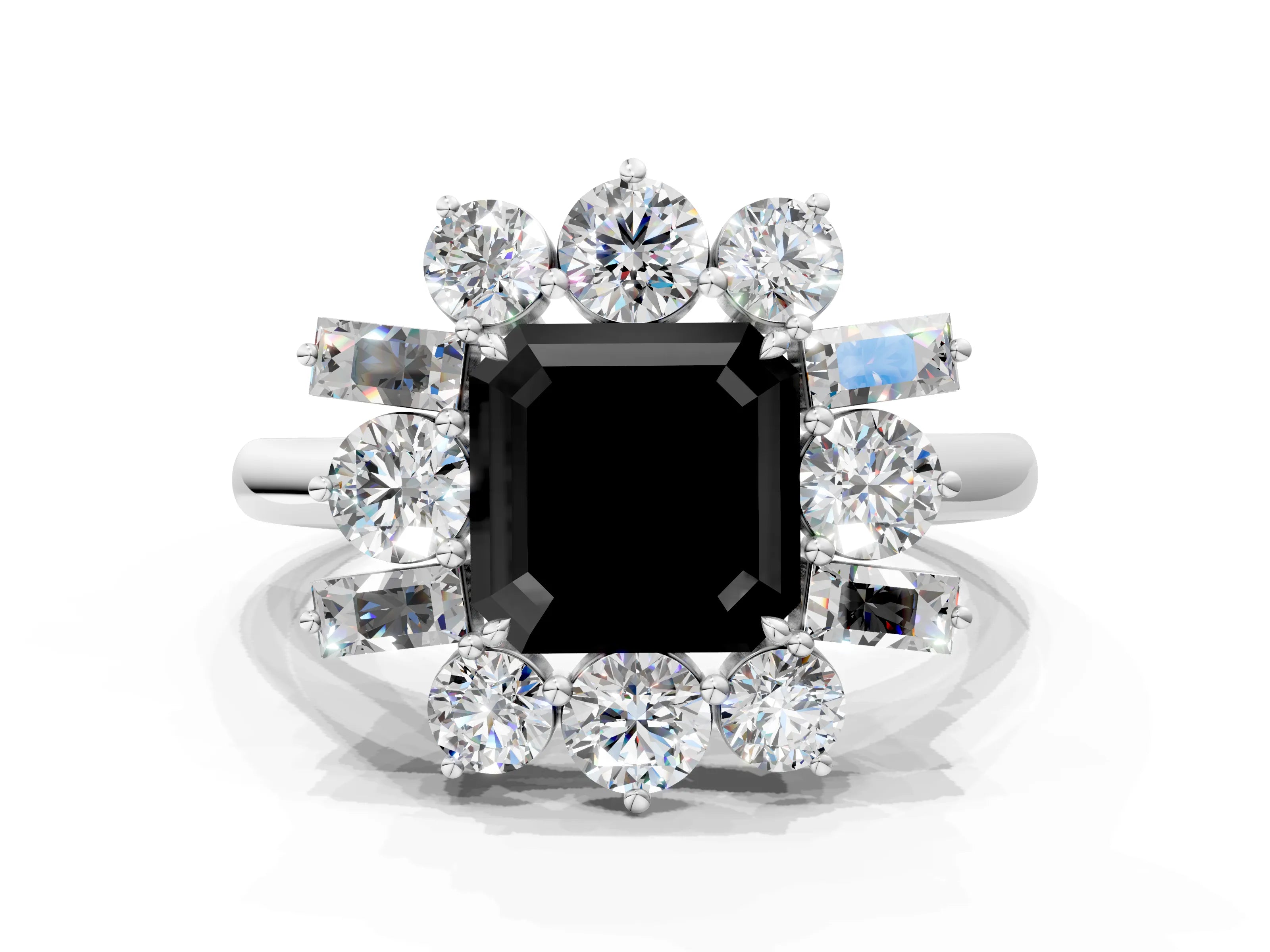 White gold Fancy Black Asscher Cut Diamond Cluster Ring with Round and Baguette Stones, Split Shank Band, Prong Setting_12