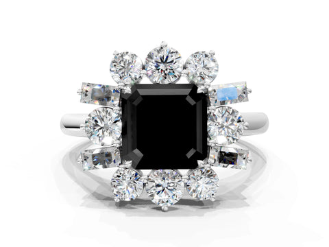 White gold Fancy Black Asscher Cut Diamond Cluster Ring with Round and Baguette Stones, Split Shank Band, Prong Setting_12