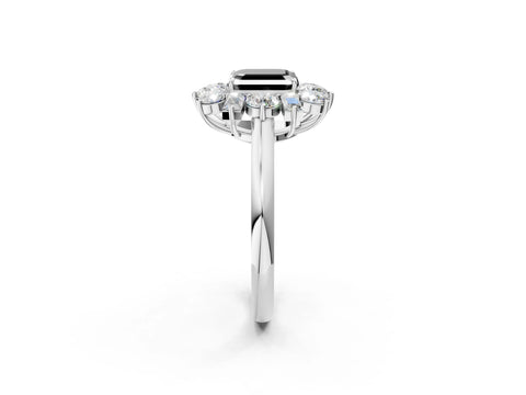 White gold Fancy Black Asscher Cut Diamond Cluster Ring with Round and Baguette Stones, Split Shank Band, Prong Setting_14