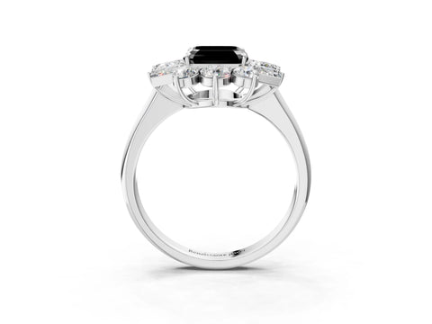 White gold Fancy Black Asscher Cut Diamond Cluster Ring with Round and Baguette Stones, Split Shank Band, Prong Setting_15