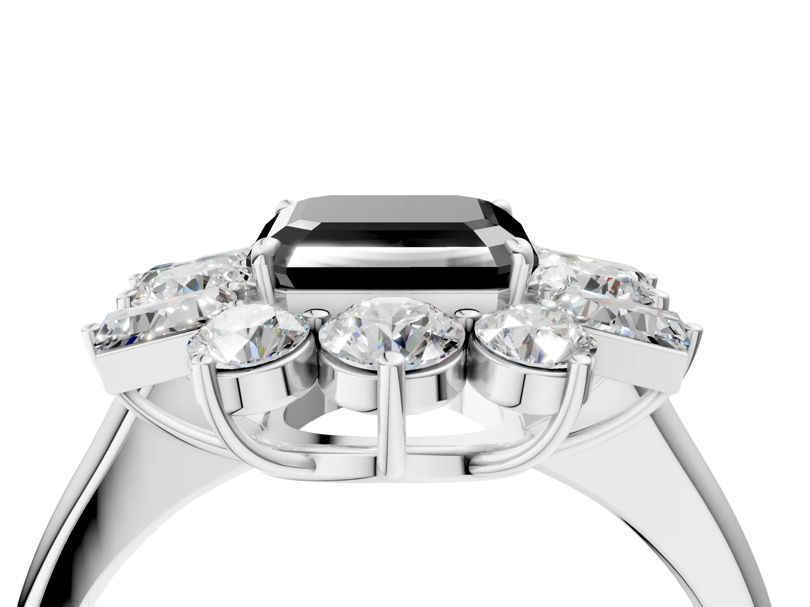 White gold Fancy Black Asscher Cut Diamond Cluster Ring with Round and Baguette Stones, Split Shank Band, Prong Setting_16