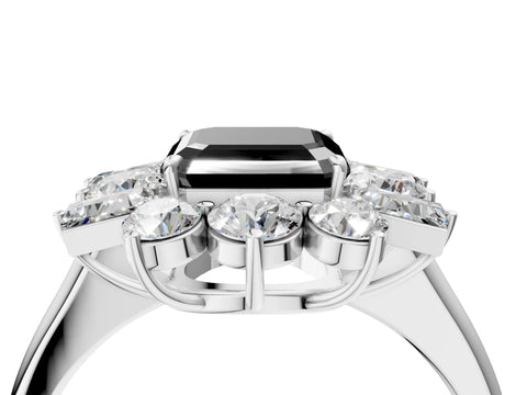 White gold Fancy Black Asscher Cut Diamond Cluster Ring with Round and Baguette Stones, Split Shank Band, Prong Setting_16