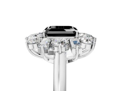 White gold Fancy Black Asscher Cut Diamond Cluster Ring with Round and Baguette Stones, Split Shank Band, Prong Setting_17