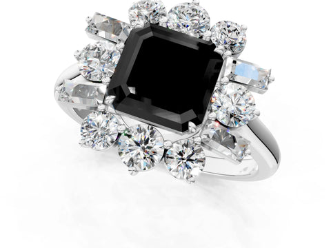 White gold Fancy Black Asscher Cut Diamond Cluster Ring with Round and Baguette Stones, Split Shank Band, Prong Setting_1