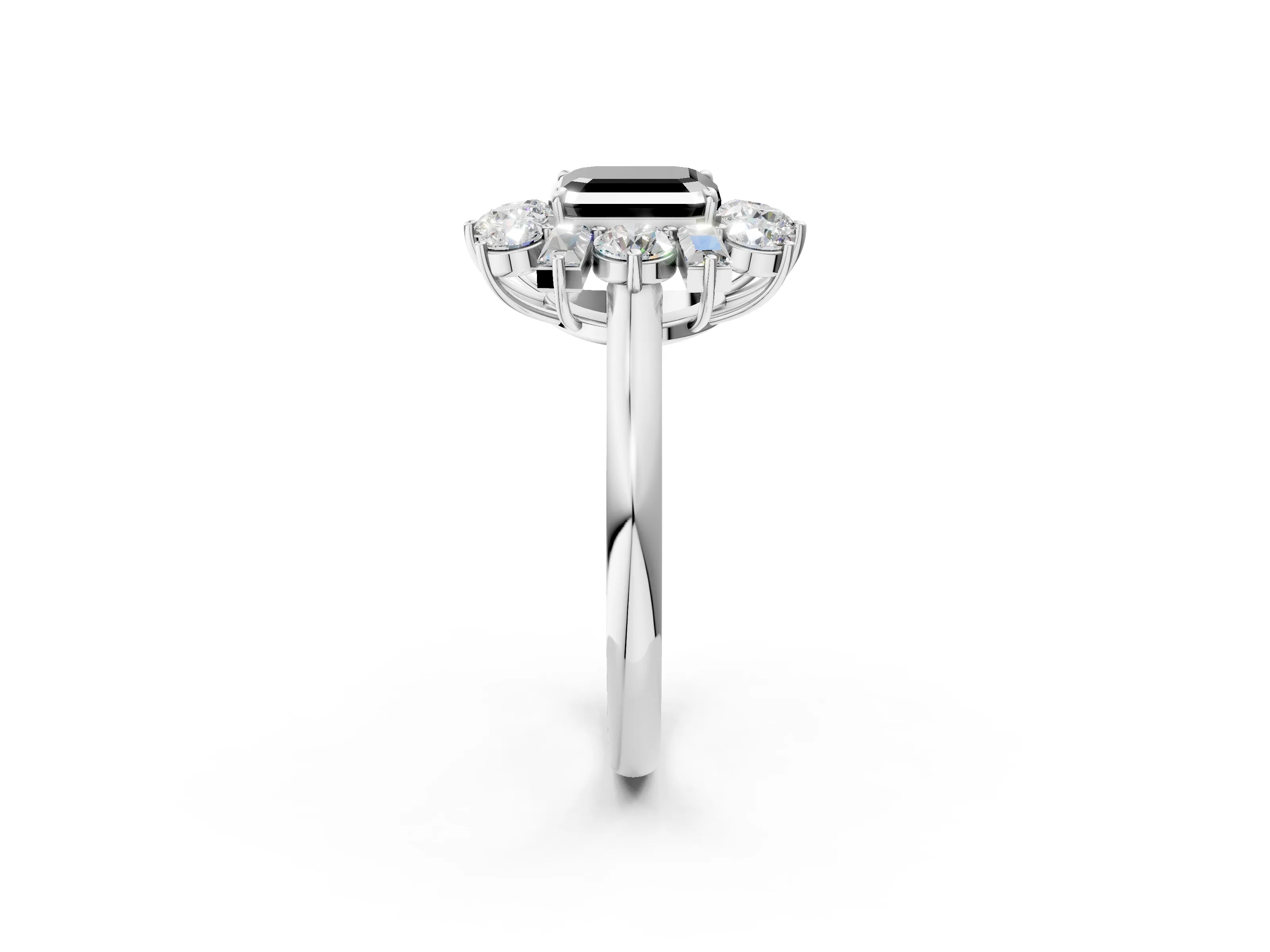 White gold Fancy Black Asscher Cut Diamond Cluster Ring with Round and Baguette Stones, Split Shank Band, Prong Setting_2