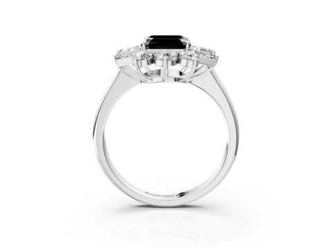 White gold Fancy Black Asscher Cut Diamond Cluster Ring with Round and Baguette Stones, Split Shank Band, Prong Setting_3