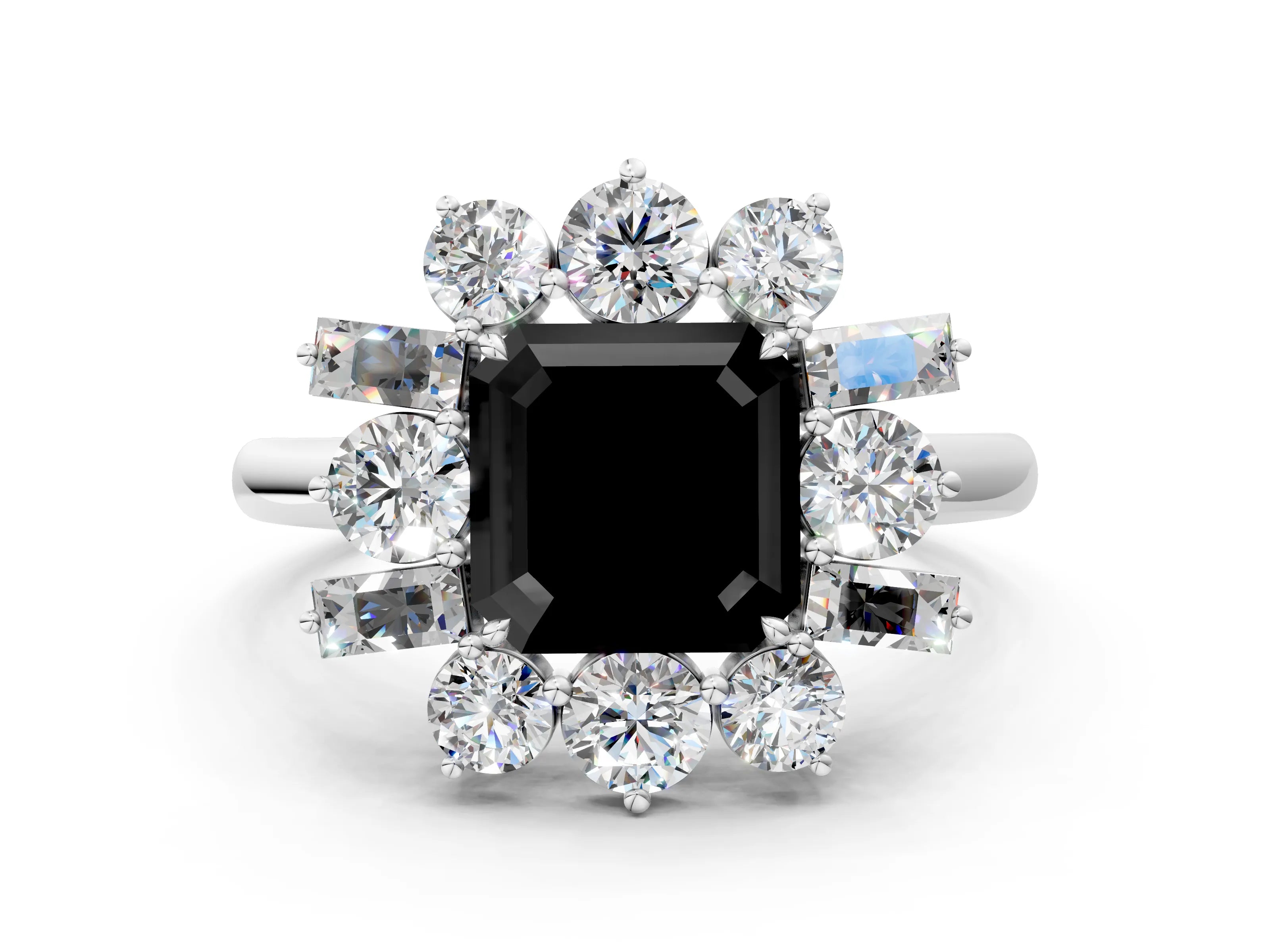 White gold Fancy Black Asscher Cut Diamond Cluster Ring with Round and Baguette Stones, Split Shank Band, Prong Setting