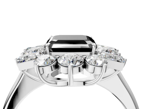 White gold Fancy Black Asscher Cut Diamond Cluster Ring with Round and Baguette Stones, Split Shank Band, Prong Setting_4