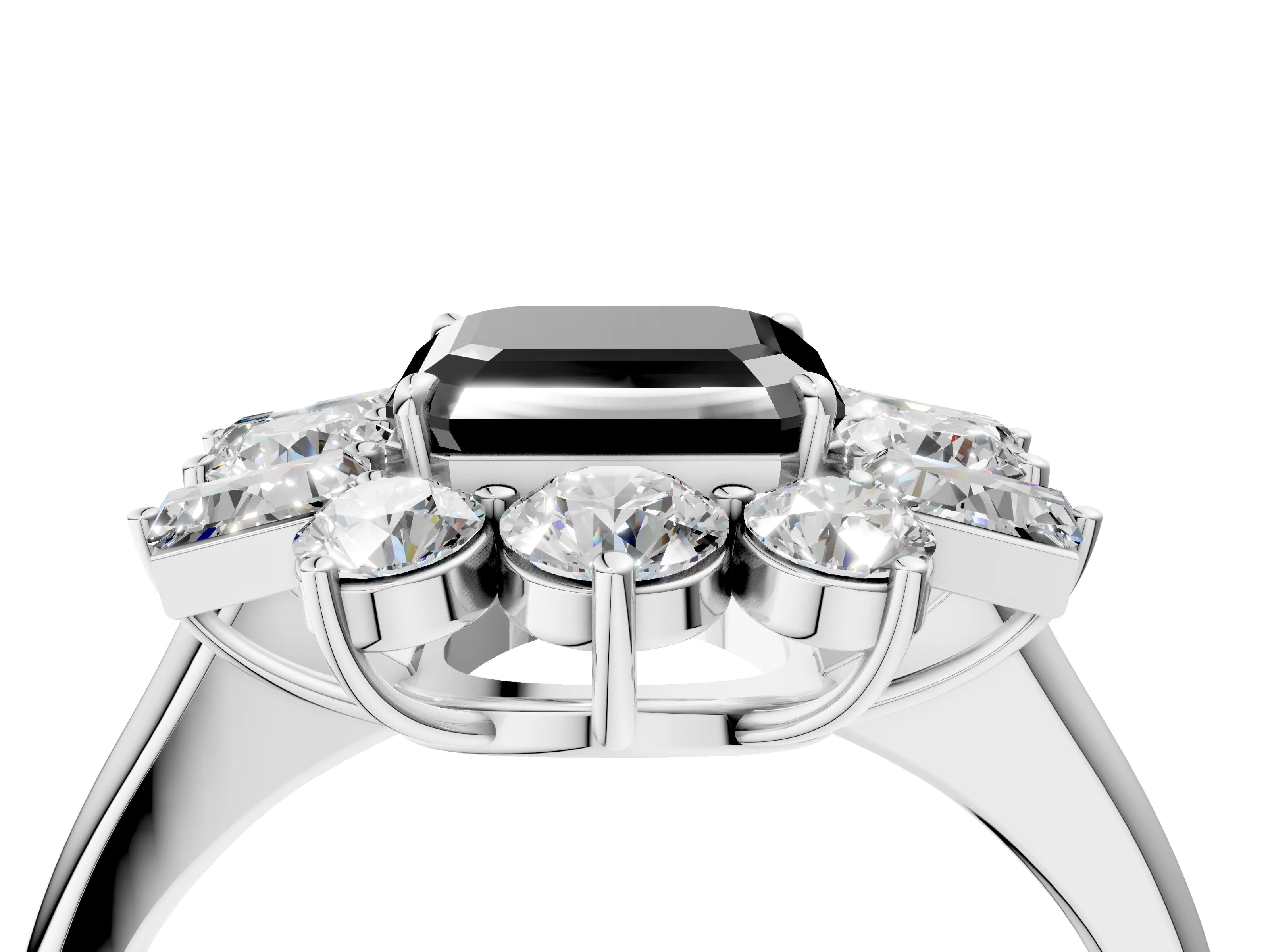 White gold Fancy Black Asscher Cut Diamond Cluster Ring with Round and Baguette Stones, Split Shank Band, Prong Setting_4