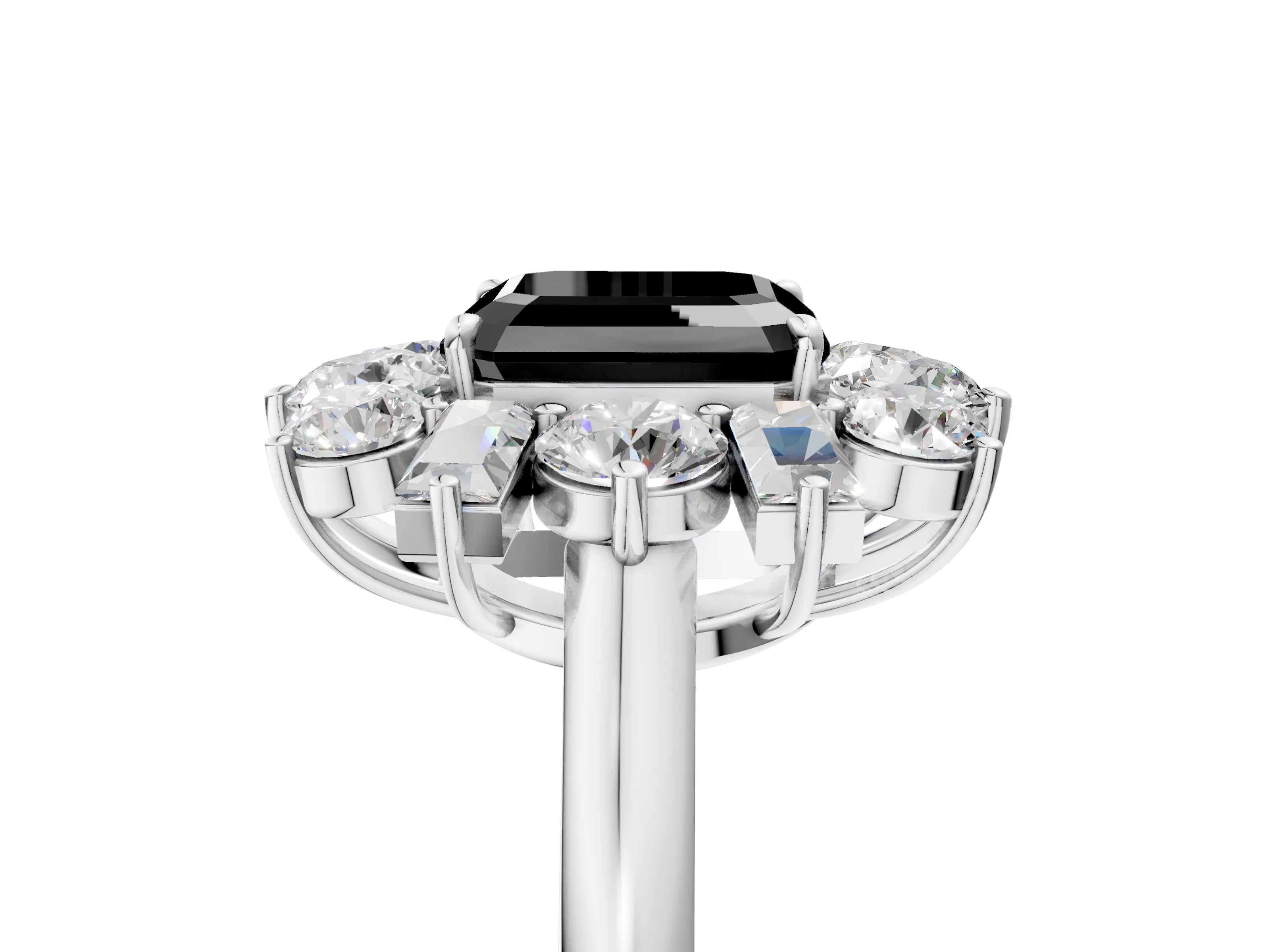 White gold Fancy Black Asscher Cut Diamond Cluster Ring with Round and Baguette Stones, Split Shank Band, Prong Setting_5