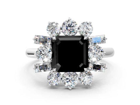White gold Fancy Black Asscher Cut Diamond Cluster Ring with Round and Baguette Stones, Split Shank Band, Prong Setting