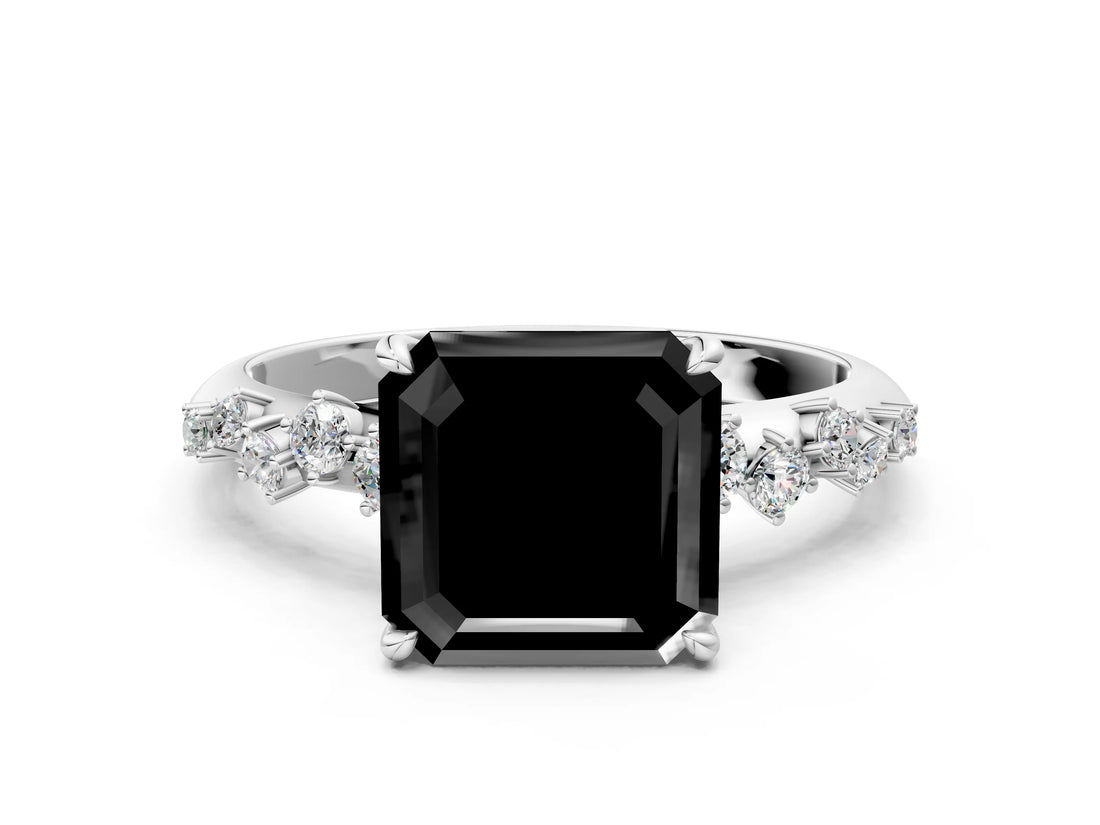 White gold Fancy Black Asscher Cut Diamond Cluster Side Stone Solitaire Ring with Prong Setting_84