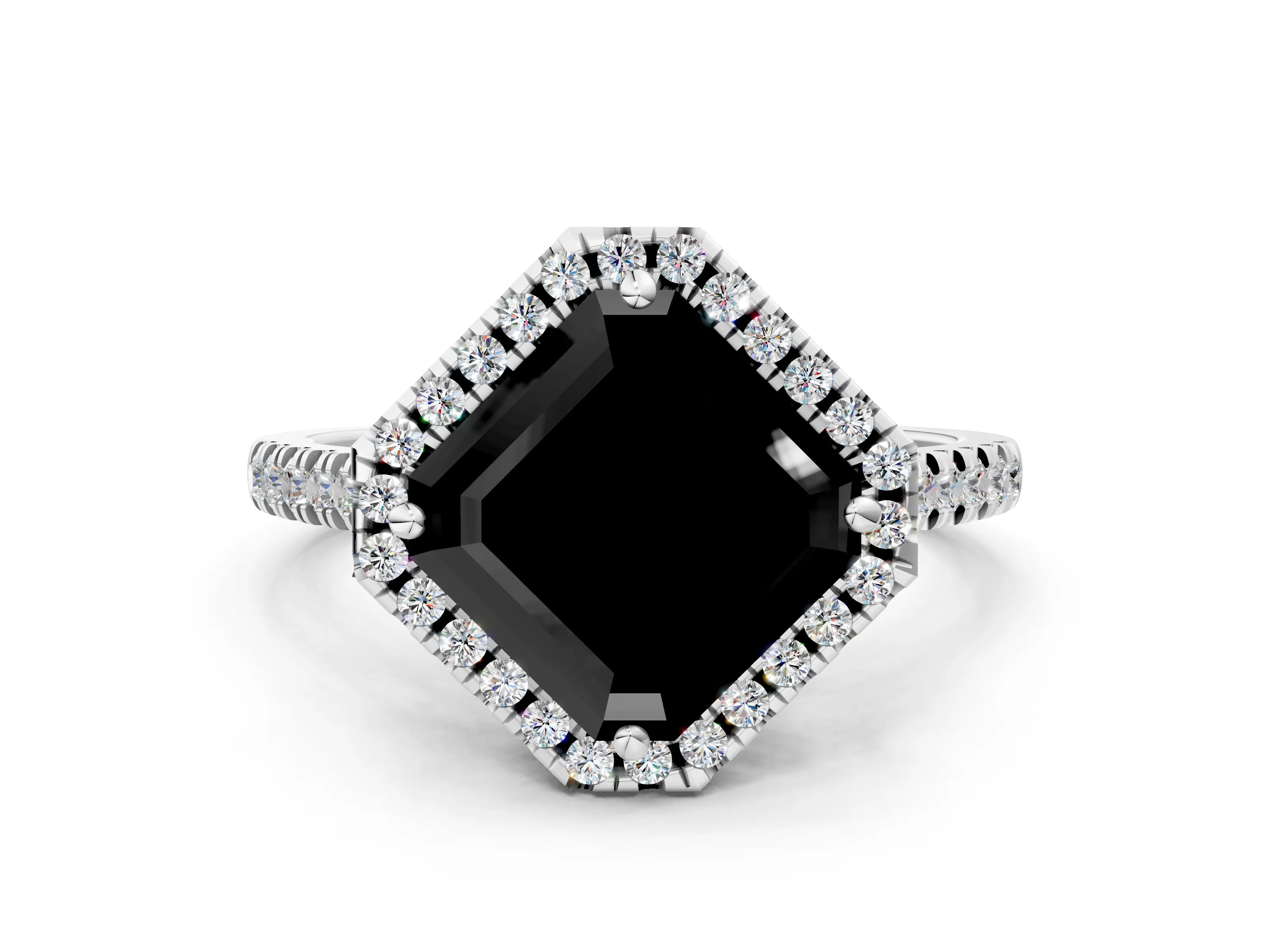 White gold Fancy Black Asscher Cut Diamond Cushion Halo Ring with Pavé Band_12